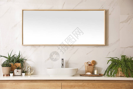 带台面镜子和室内植物的时尚浴室内饰设计理念图片