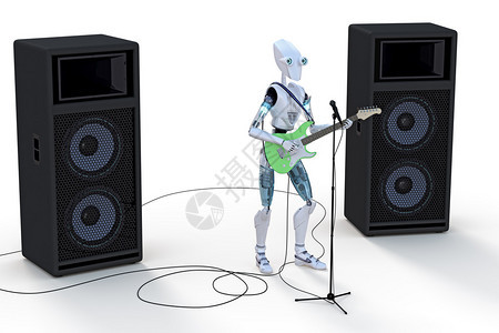 机器人玩绿色电吉他用两个大扬声器和麦克风在白图片