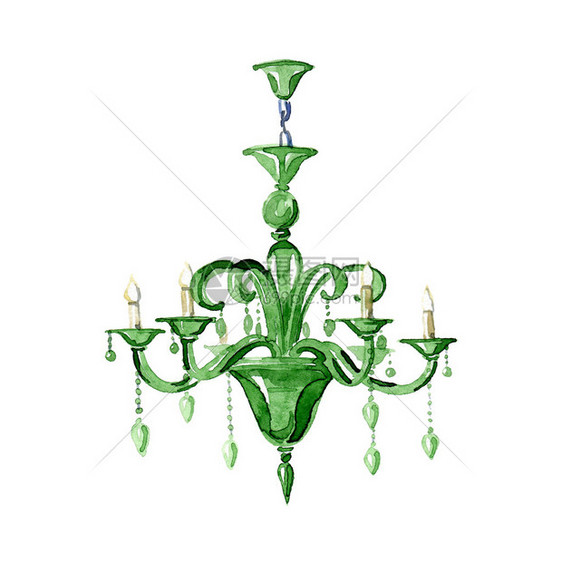 绿色玻璃吊灯手绘水彩插图图片