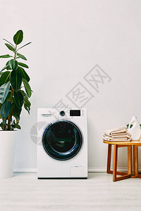 洗衣机附近的绿植物和浴室内带毛巾和洗涤剂瓶图片