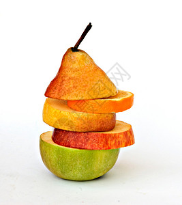 白色背景上的苹果梨和橙片图片