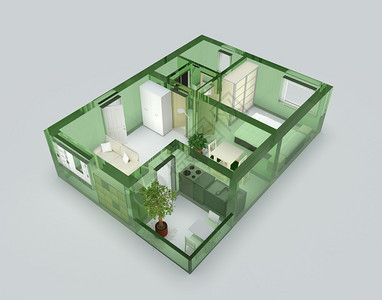 带有绿色玻璃墙和家具的公寓背景图片
