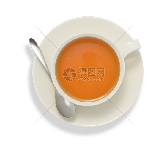 一杯茶的顶视图白色隔离图片