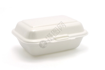 白色地面上隔离的聚苯乙烯泡沫塑料餐盒背景图片