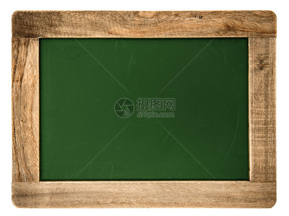 白色背景上隔开的木框和绿色表面的老旧黑白板用于文图片
