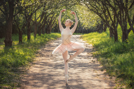 穿着粉红色芭蕾舞短裙在绿色森林景观中跳舞的完美身材的年轻女子令人难以置信的芭蕾舞女演员展示经典芭蕾姿势女柔情背景图片