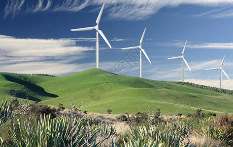 乡下连绵起伏的丘陵和风力发电机图片