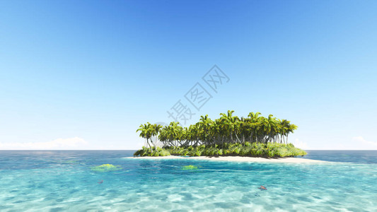 具有清澈蓝天3D渲染的热带岛屿图片