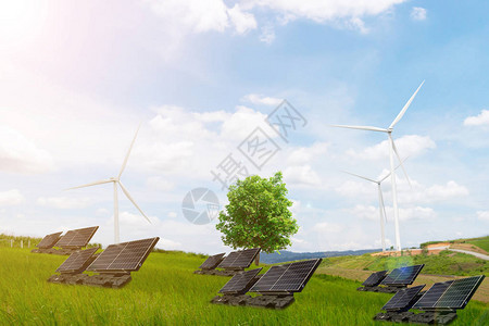 未来清洁风力涡轮机和太阳能电池的电图片