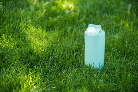 绿色草坪上空白蓝牛奶图片