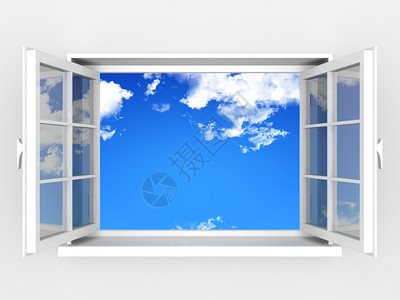 对着白墙和多云的天空打开窗户图片