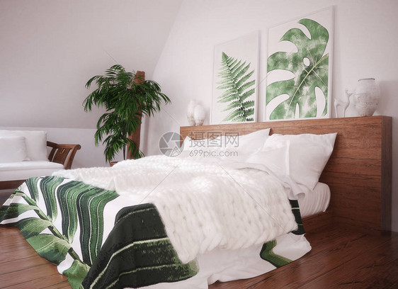 绿色复古卧室内饰3d渲染图片