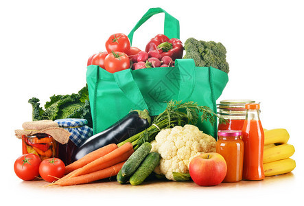 绿色购物袋有各种杂货食品图片