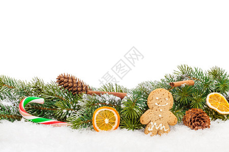 圣诞食物和雪佛林上的装饰白背景与图片