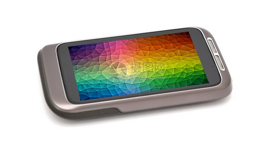 现代智能手机屏幕上有彩色壁纸背景智能手机被放置图片