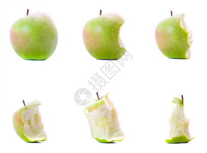 在白色背景上吃青苹果的六个阶段背景图片