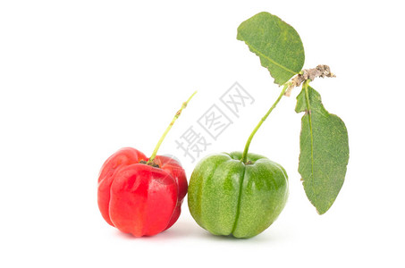 白色背景上孤立的红色和绿色Acerola樱桃果实图片