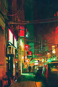 晚上在城市里人行道上画着多彩的光图片