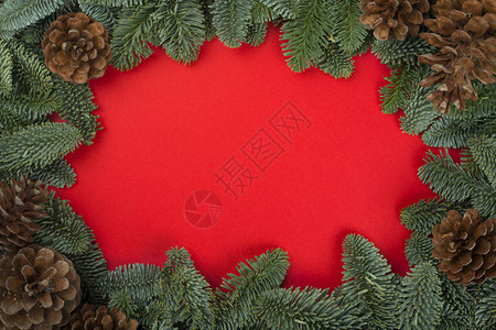 红背景的圣诞fir树枝条装饰边框架并有图片