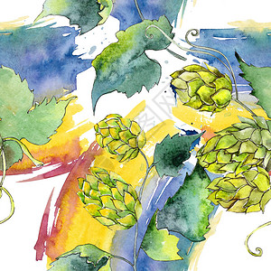 绿色啤酒花叶植物园花卉叶子水彩背景插图集水彩画时尚水彩画无缝背景图案织物图片