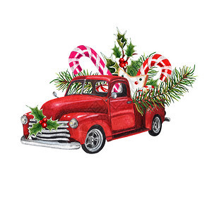 装满糖果云杉树枝冬青叶和浆果的水彩圣诞玩具模型卡车图片