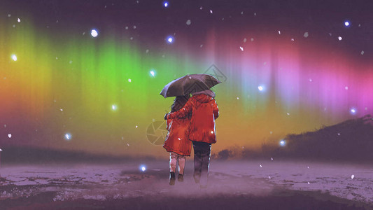 穿着红色大衣的情侣在雨伞下走在雪上仰望天空中的北光数字艺术图片