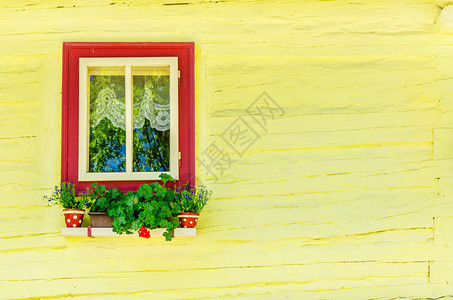 在斯洛伐克东欧美丽的Vlkolinec传统村庄用鲜花开着木黄图片