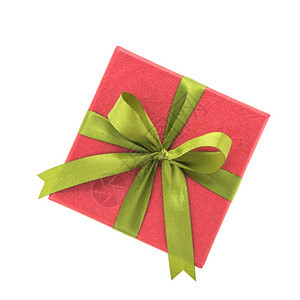 红色礼物带绿色丝带和弓盒的红礼高角风背景图片