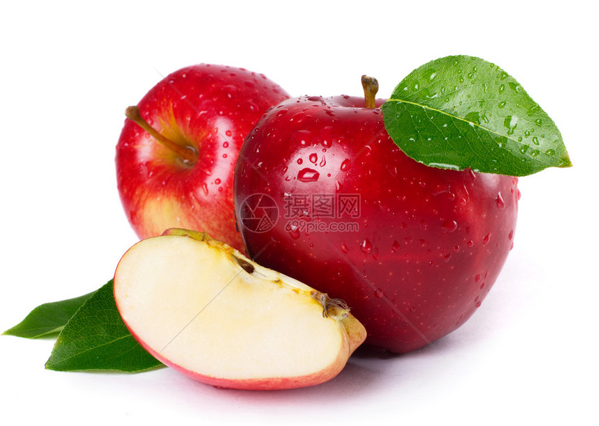 新鲜的红苹果叶子在白色下被隔离图片