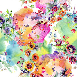 鲜花和浆果的花束水彩无缝背景插图集图片