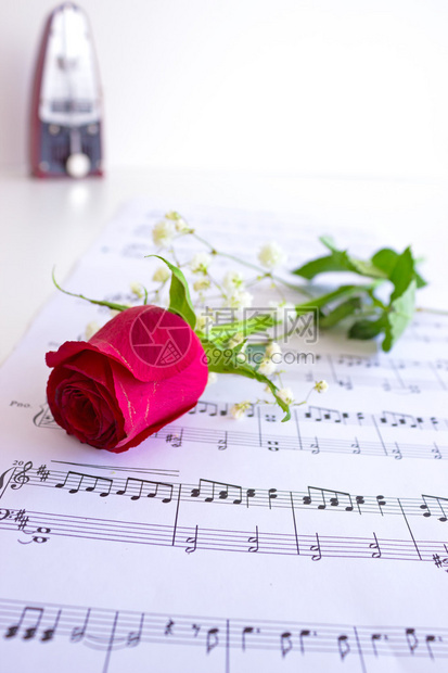 纸上美丽的红玫瑰上面有笔记和节拍仪表图片
