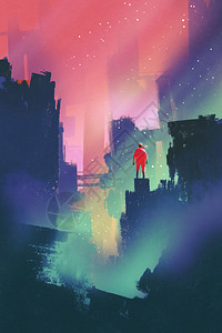 与红色男子一起的夜间风景站在废弃的城市上图片