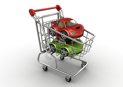 汽车销售购物车中的红色和绿色轿车funny微插画