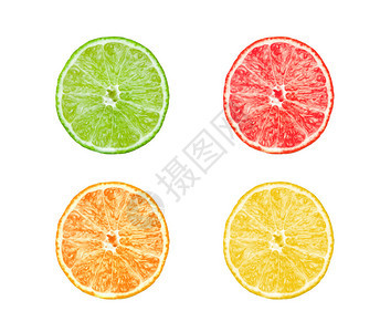 柑橘片的集合橙子柠檬酸橙和葡萄柚在白色上分离图片