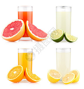 新鲜柑橘汁与白色背景上的水果图片