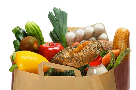 杂货袋与蔬菜面包蔬菜水果牛奶瓶和容器隔图片