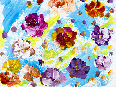 彩色花朵手画背景画布上刷子的丙烯漆壁纸纹理等图片