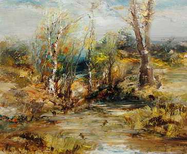 水上灌木和树枝油画艺术背景图片