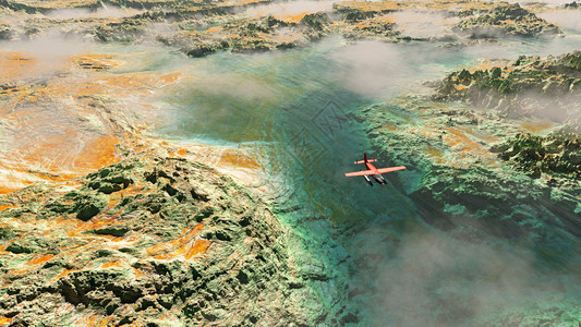 红色飞机的空中飞越岩石景观河流和云层图片