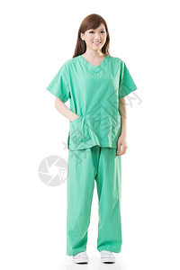 亚洲女医生穿着绿色的孤立长袍或手术短裙图片