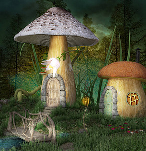 有蘑菇屋和桥的魔法精灵小镇背景图片