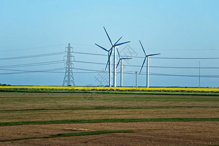 在英国格兰与风力机涡轮机搭配的草地发图片
