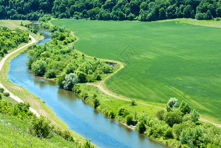 河流景观绿色小麦田和附近森林及乡村道路经图片