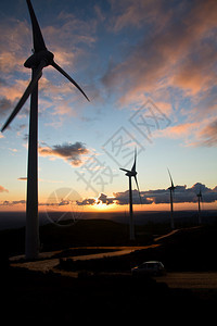 日落时充满eolic发电机的景观图片