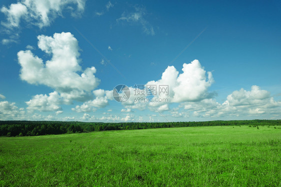 与多云天空的绿色风景图片