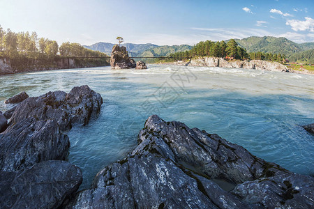 俄罗斯西伯利亚阿勒泰的快速山区河流卡吞一个受欢迎的旅游胜图片