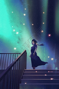 穿着深蓝色裙子的女士站在楼梯上与美丽的星空对立带有数字艺术风背景图片