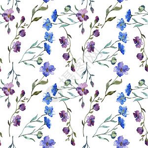 蓝色紫亚麻花卉植物花孤立的野生春叶水彩插图集水彩画时尚水彩画无缝背景图案织物图片