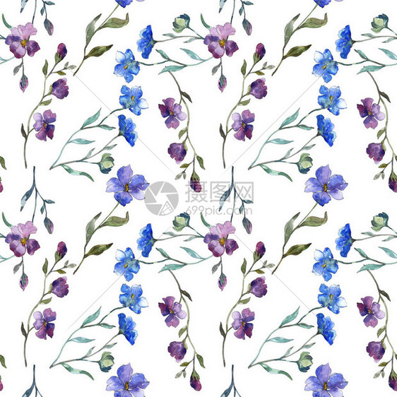 蓝色紫亚麻花卉植物花孤立的野生春叶水彩插图集水彩画时尚水彩画无缝背景图案织物图片