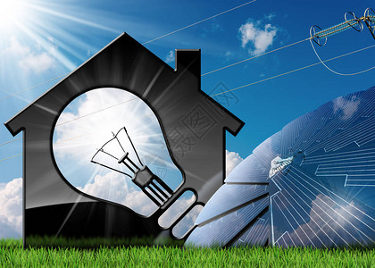 带有灯泡太阳能电池板和电源线的样板房的3D插图在有云彩太阳光芒和绿草的蓝天可图片